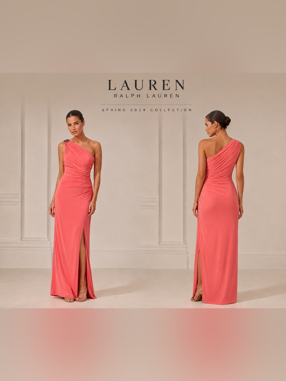 Ralph Lauren Evenings Coral One Shoulder Brooch Ruched Maxi Gown Size 4